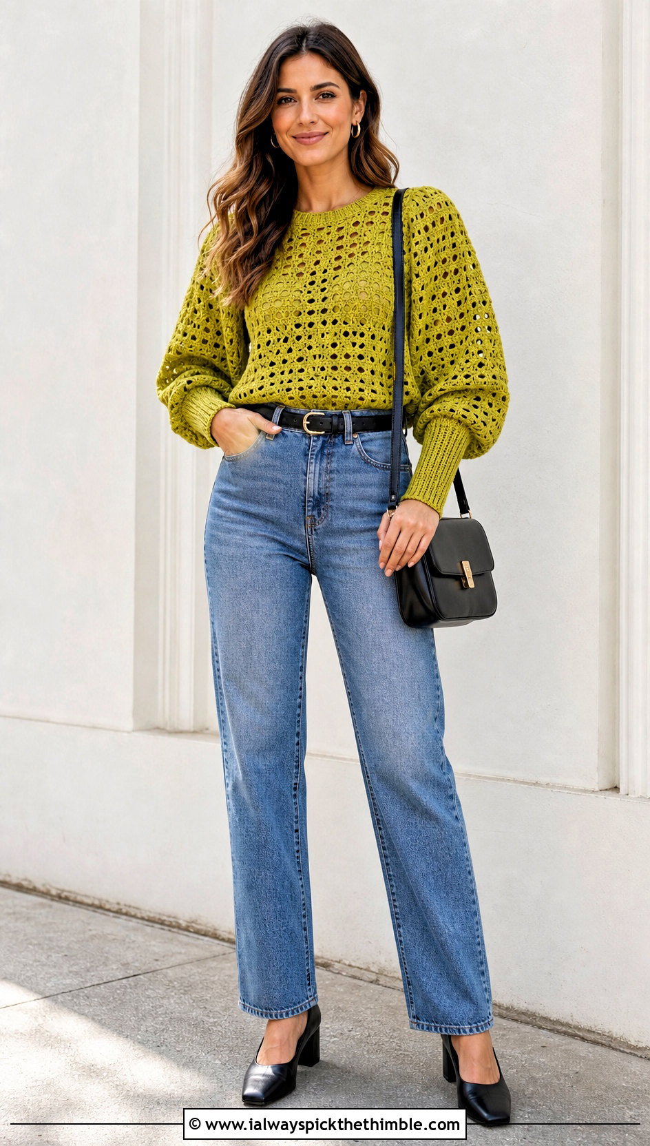 Crochet Puff Sleeve Blouse With Straight Leg Jeans - 25 crocheted tops outfit ideas