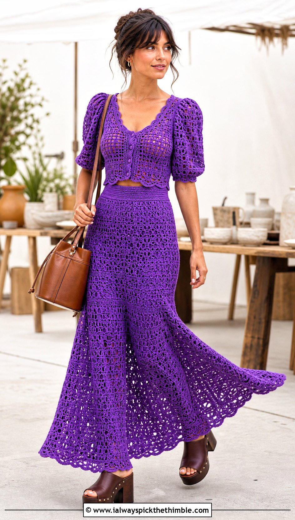 Crochet Puff Sleeve Top And Maxi Skirt Set With Platform Clogs - 25 crochet skirt and top set outfit ideas