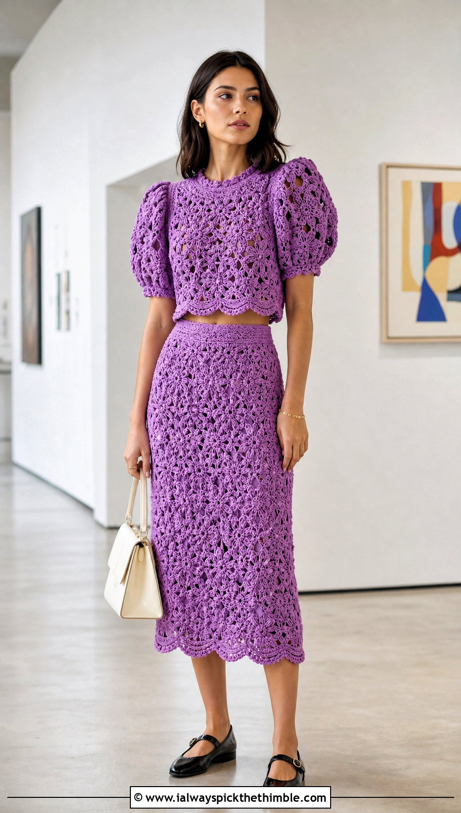 Crochet Puff Sleeve Top And Scalloped Midi Skirt Set With Mary Janes - 20 crochet top skirt set outfit ideas