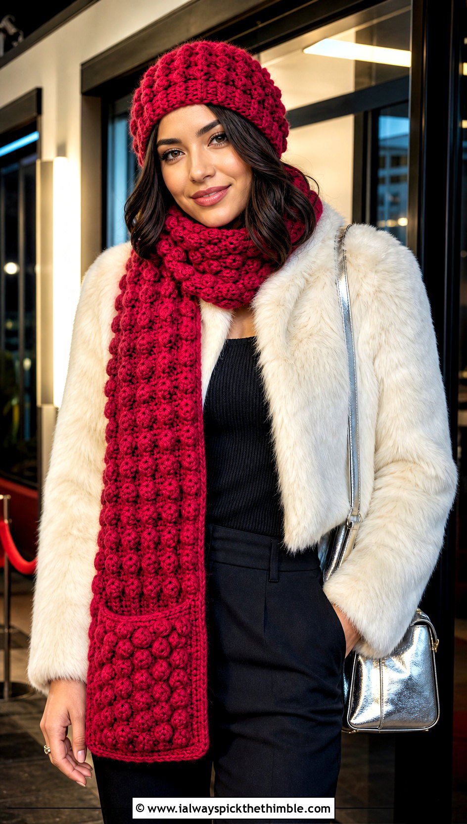 Crochet Puff Stitch Beanie And Pocket Scarf With Faux Fur Jacket - 20 crochet hat and scarf outfit ideas
