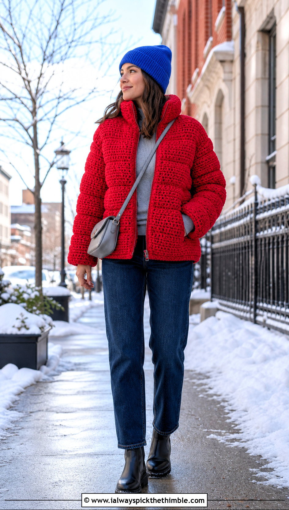 Crochet Puffer Zip Jacket With Straight Jeans - 20 crochet jacket with zipper outfit ideas