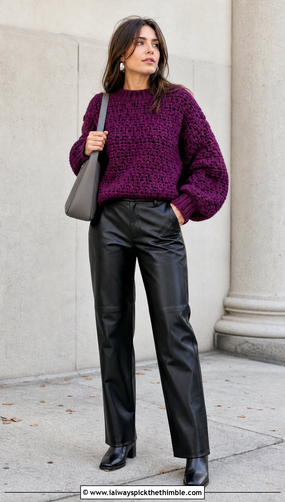 Crochet Pullover Sweater With Leather Pants - 25 crochet clothes for women outfit ideas