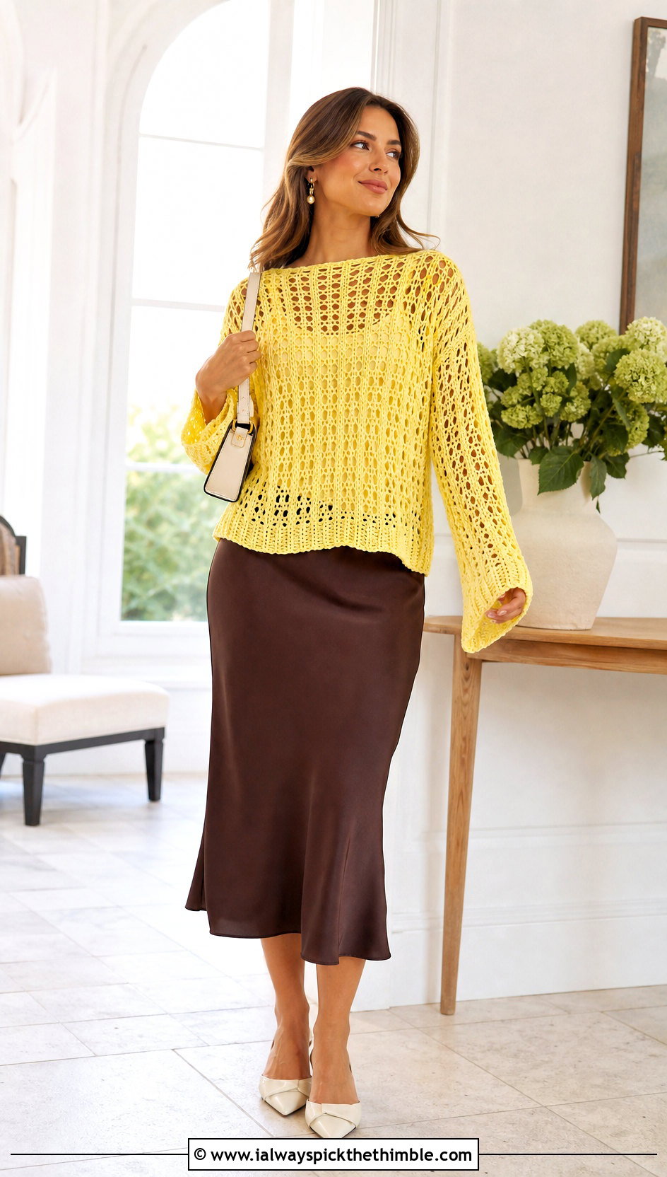 Crochet Pullover Sweater With Satin Midi Skirt - 25 crochet clothes and outfit ideas