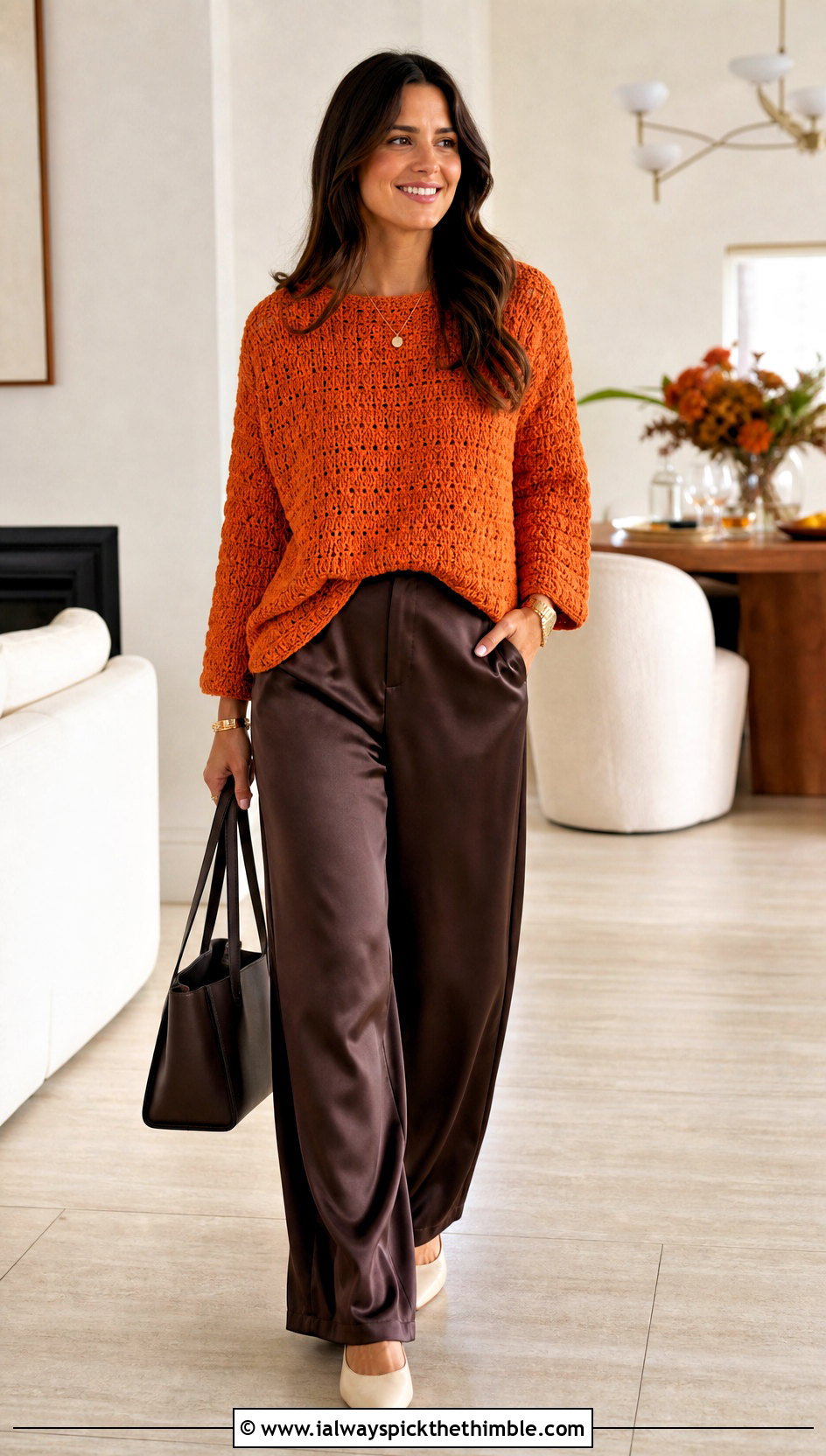 Crochet Pullover Sweater With Satin Trousers - 25 crochet outfit ideas