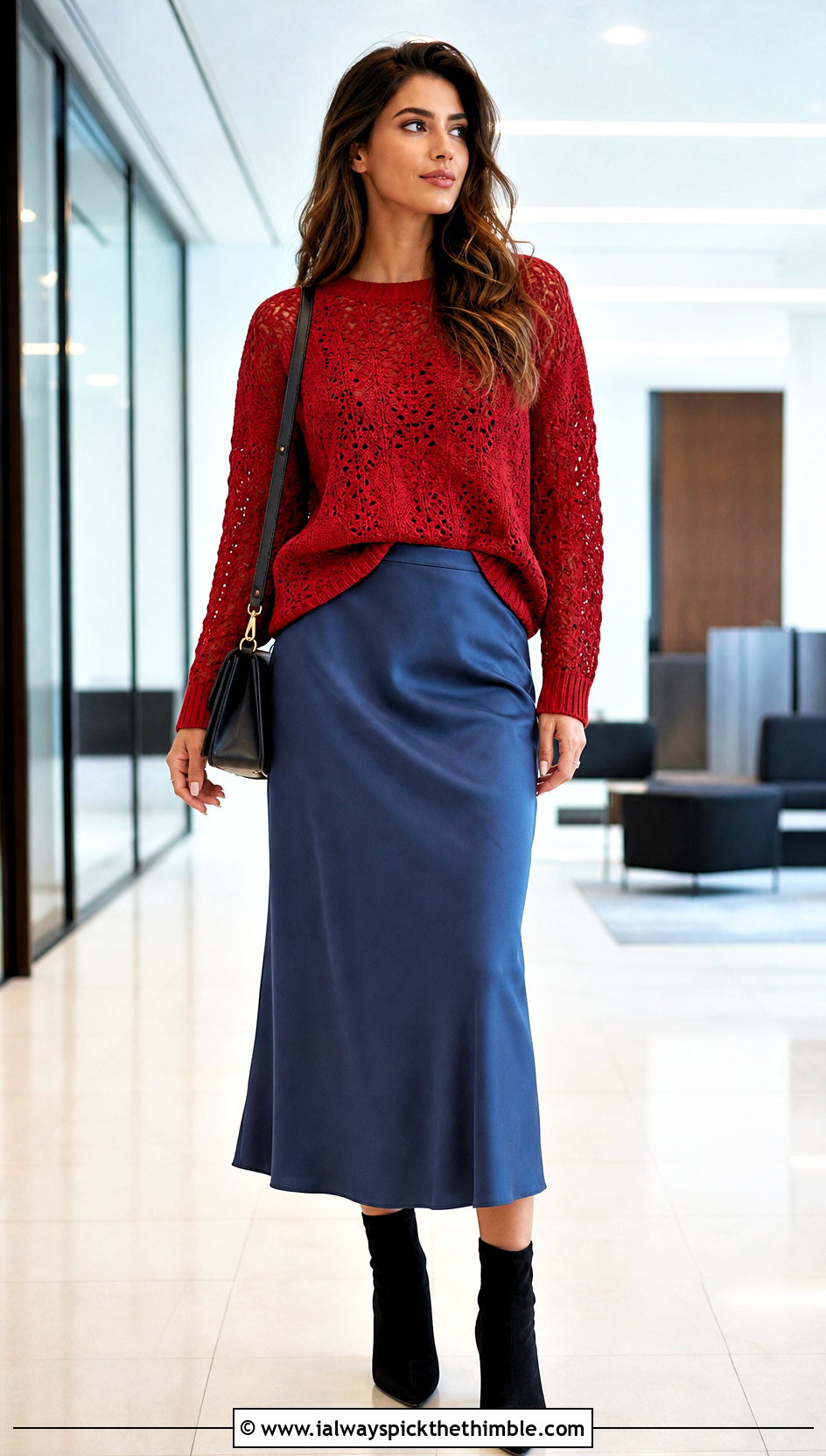 Crochet Pullover With Satin Midi Skirt - 20 Crochet Clothes For Work outfit ideas