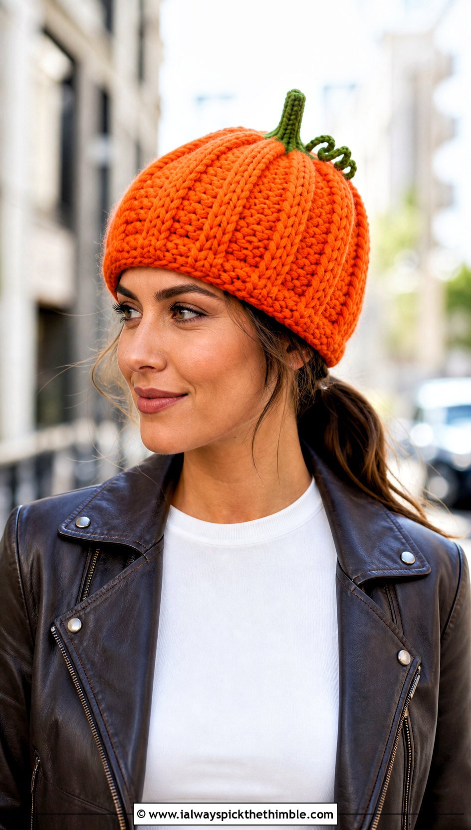 Crochet Pumpkin Beanie With Leather Jacket - 15 Crochet Thanksgiving Hat outfit ideas