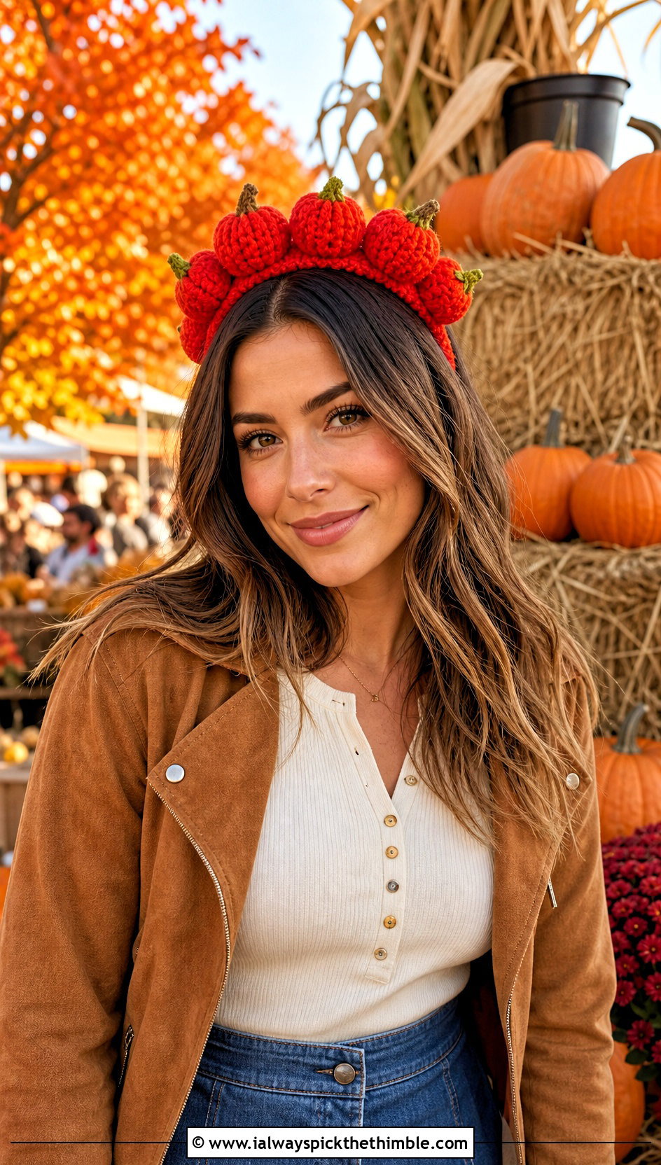Crochet Pumpkin Crown Headband With Denim Skirt - 25 crochet pumpkin headband outfit ideas