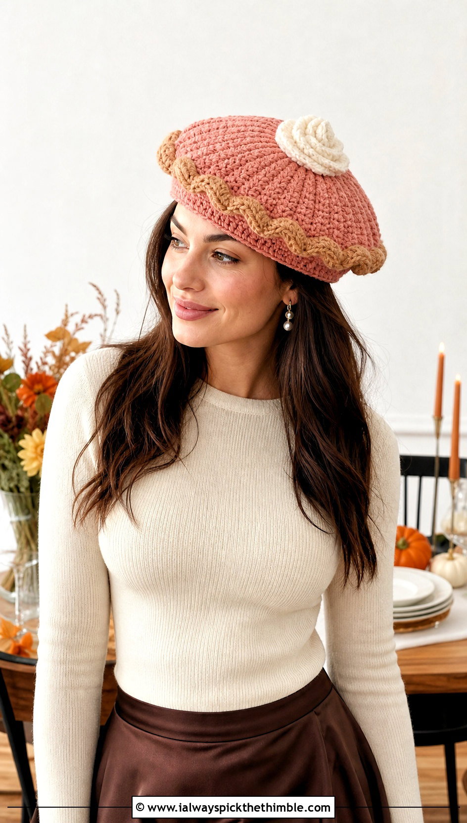 Crochet Pumpkin Pie Beret With Satin Skirt - 15 Crochet Thanksgiving Hat outfit ideas