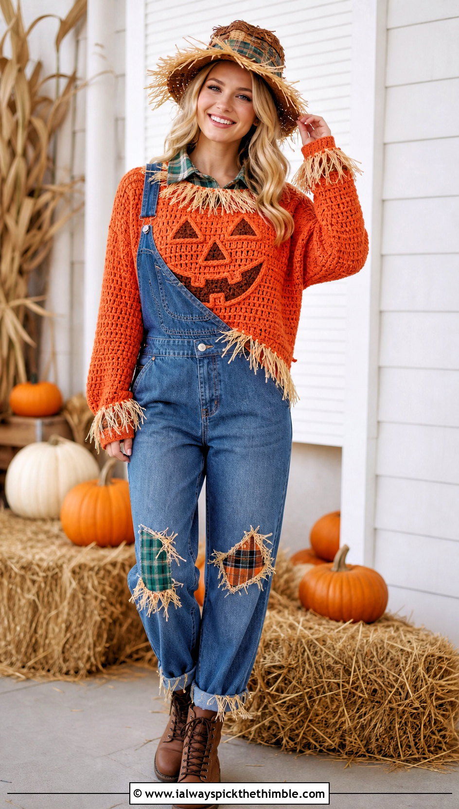 Crochet Pumpkin Sweater Scarecrow Costume - 25 Crochet Halloween Costume Women outfit ideas