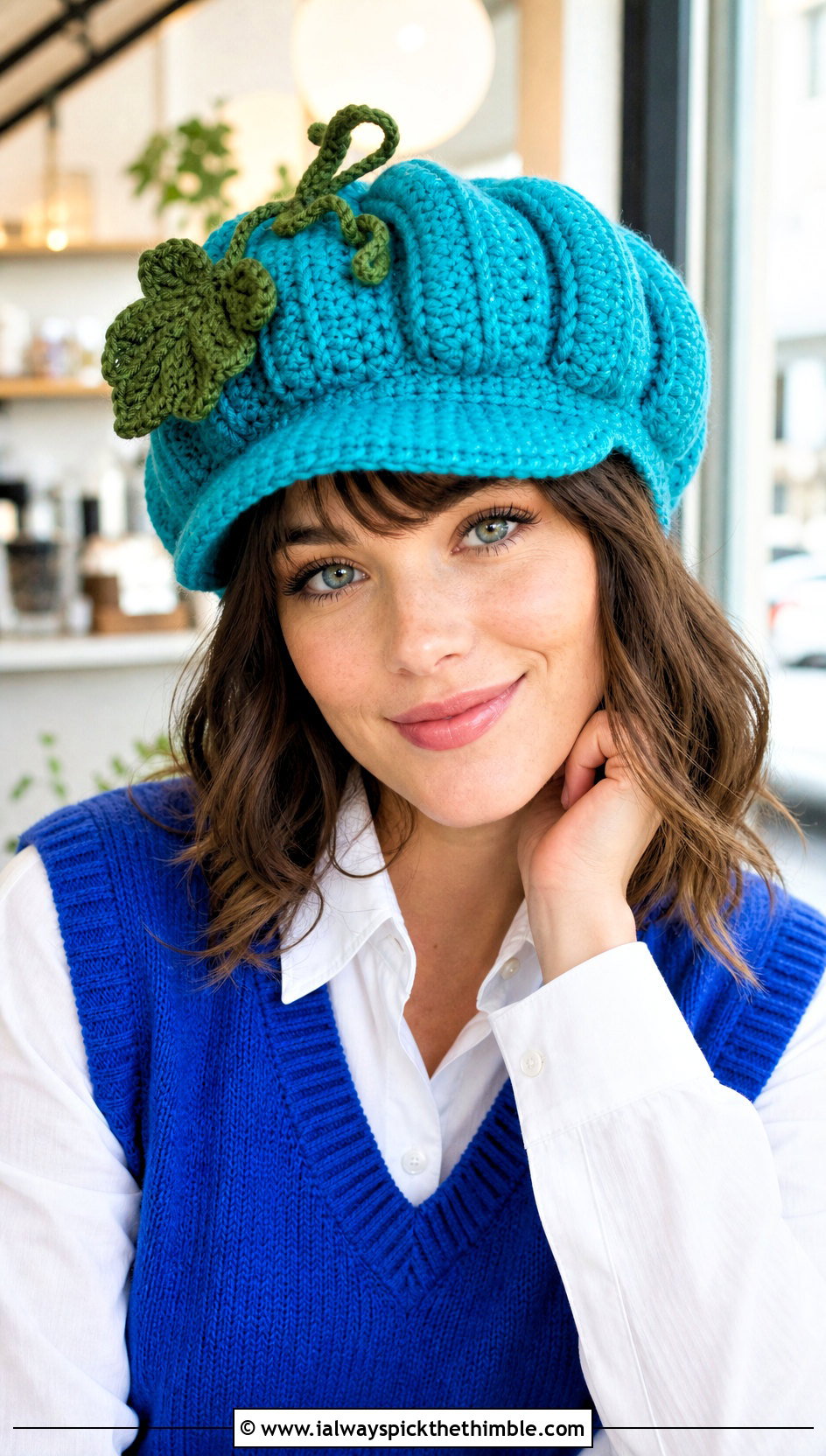 Crochet Pumpkin Vine Newsboy Cap With Sweater Vest - 15 Crochet Thanksgiving Hat outfit ideas