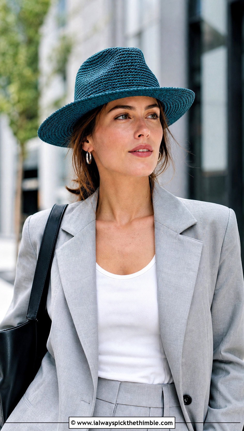 Crochet Raffia Fedora Hat With Tailored Pantsuit - 20 crochet raffia hat outfit ideas