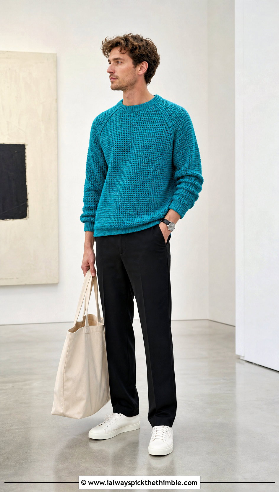 Crochet Raglan Sweater With Minimal Trousers And Sneakers - 25 men's crochet sweater ideas