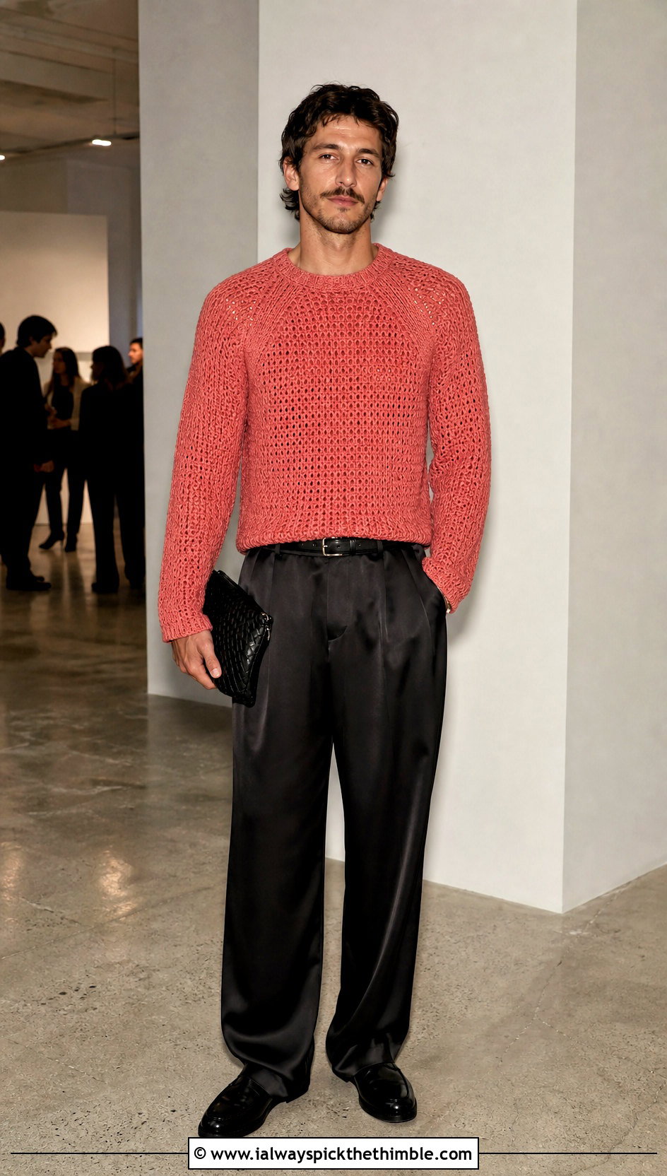 Crochet Raglan Sweater With Satin Trousers - 20 crochet sweater for man outfit ideas
