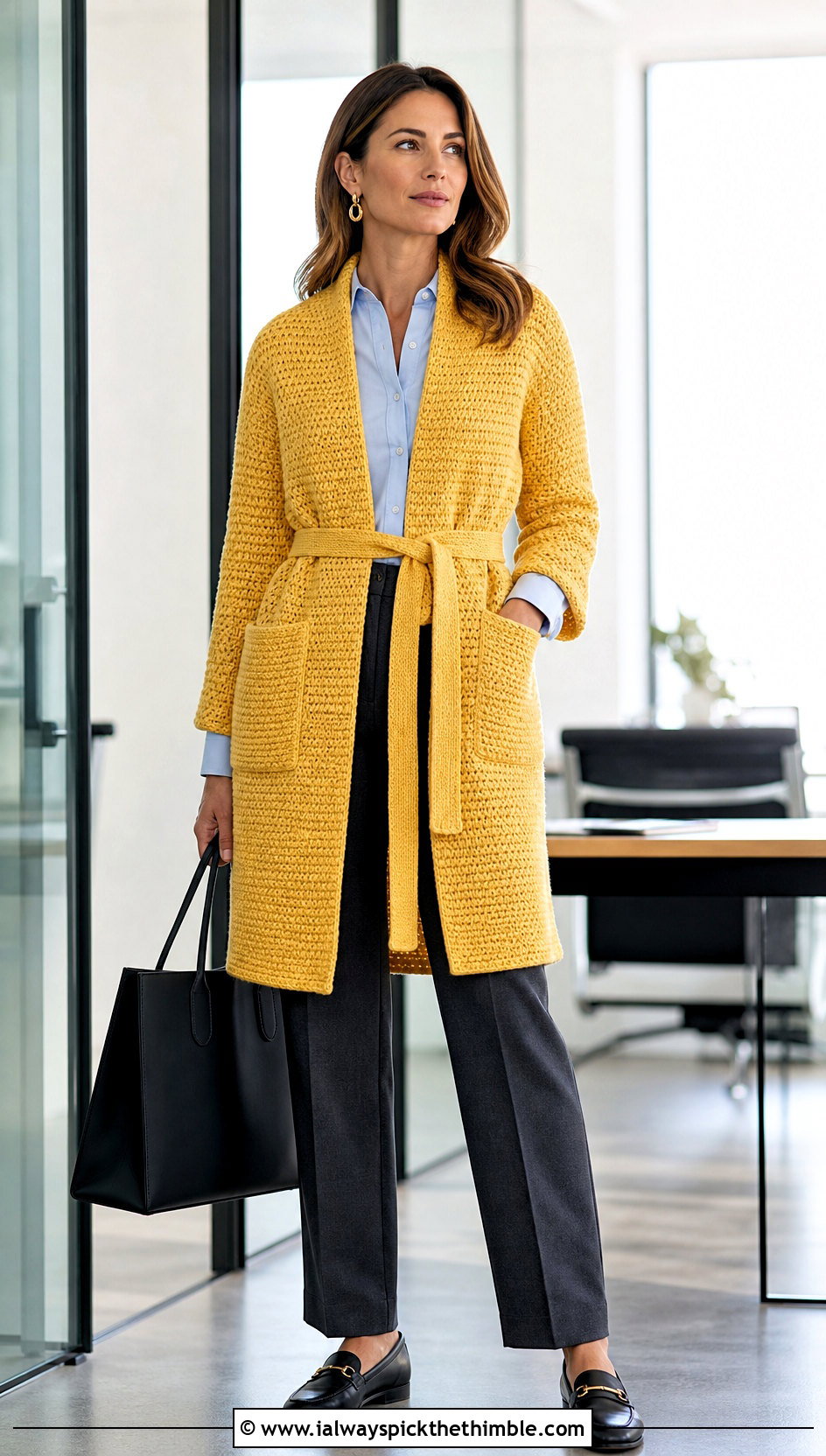 Crochet Reader Wrap With Tailored Trousers - 15 Crochet Shawls And Wraps With Pockets outfit ideas