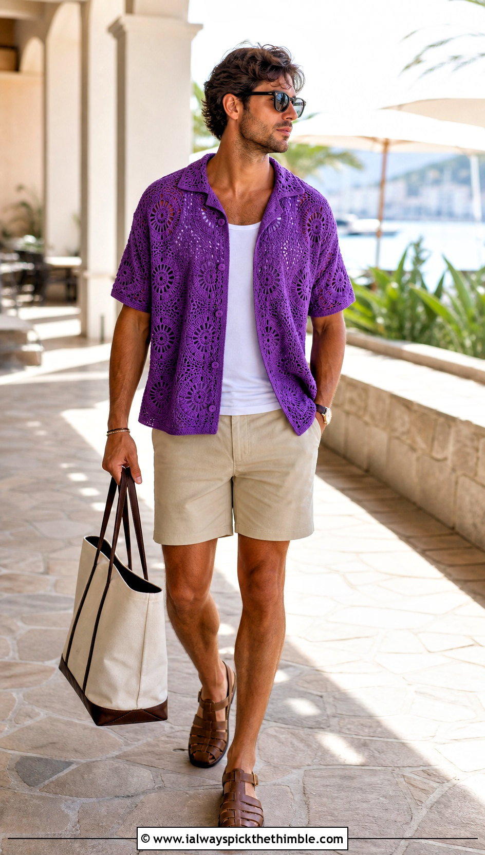 Crochet Resort Shirt With Tailored Shorts - 25 crochet shirts for men outfit ideas