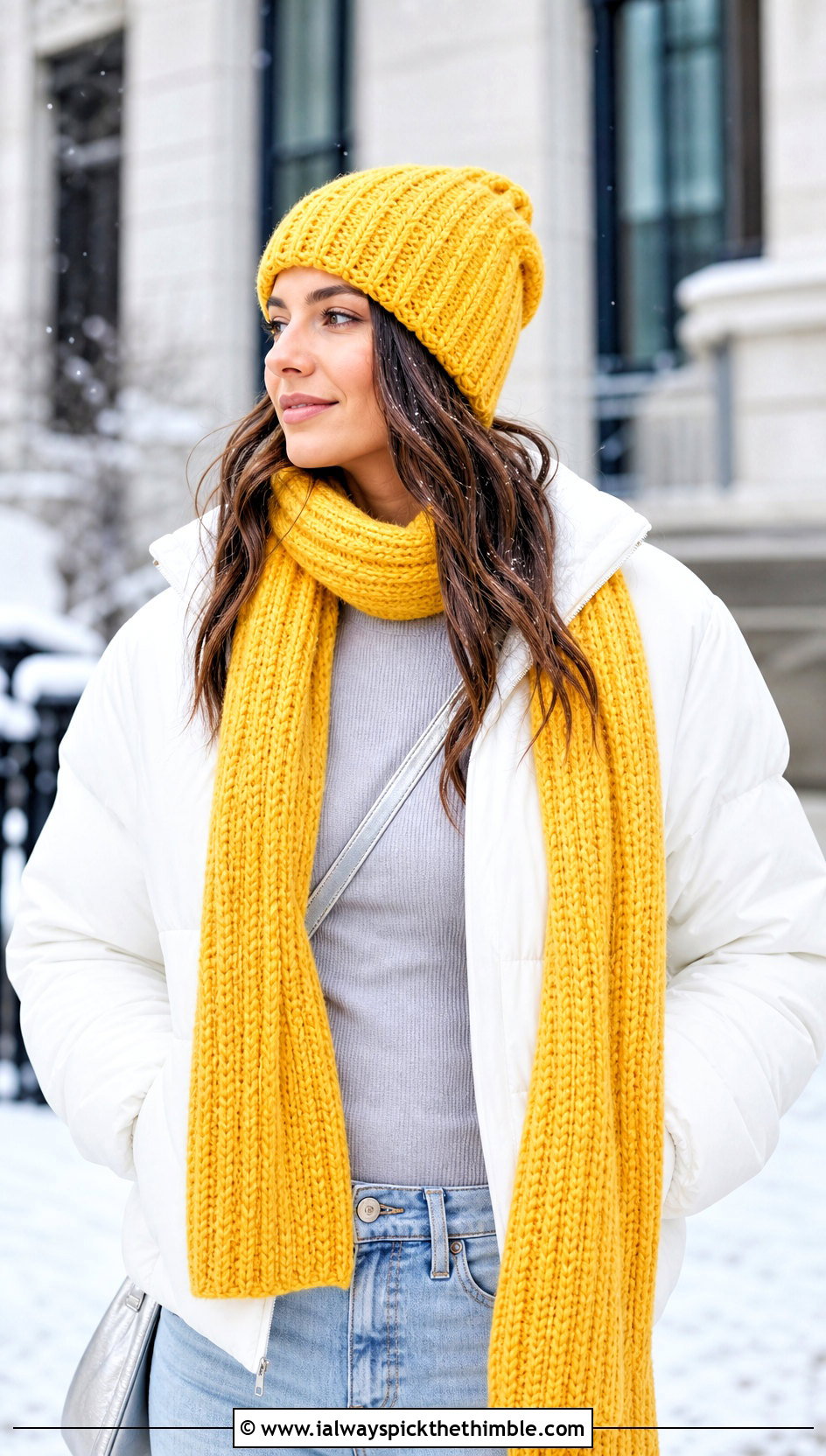 Crochet Ribbed Beanie And Long Scarf With Puffer Jacket - 20 crochet hat and scarf outfit ideas