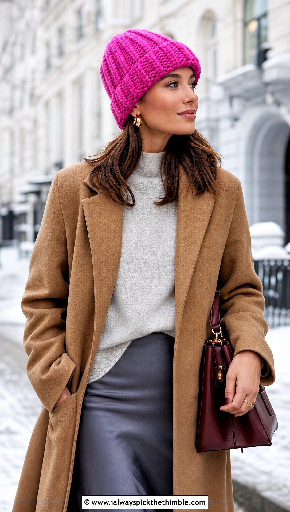 Crochet Ribbed Beanie With Wool Coat And Satin Skirt - 20 Cool Crochet Hat Ideas