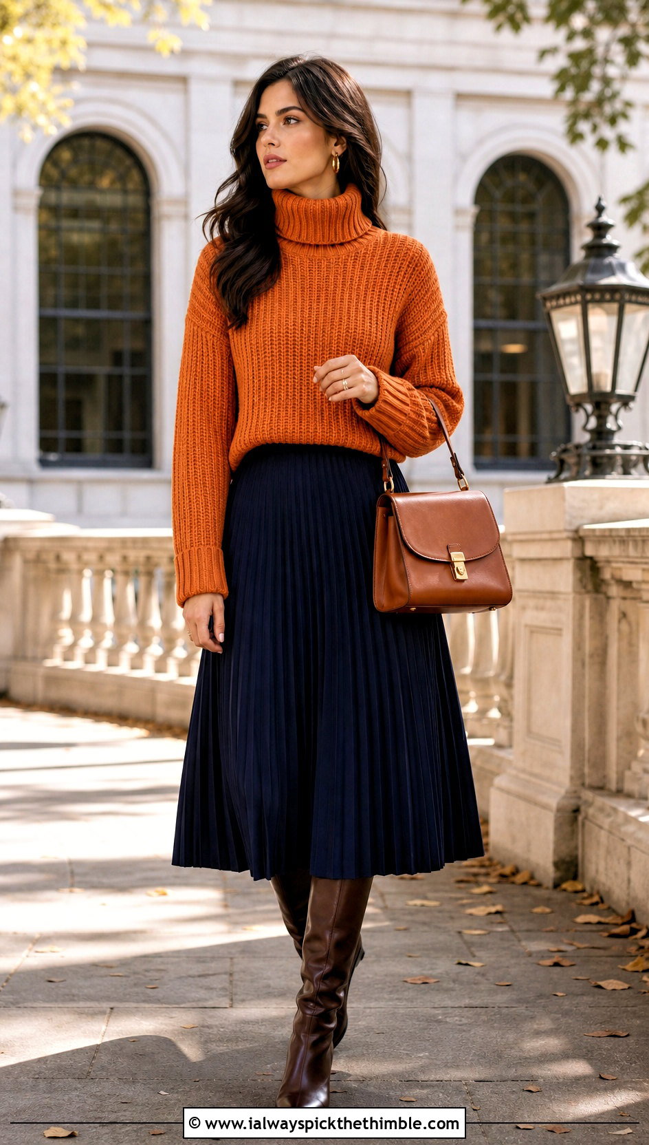 Crochet Ribbed Turtleneck Sweater With Pleated Midi Skirt - 25 crochet ribbed sweater outfit ideas