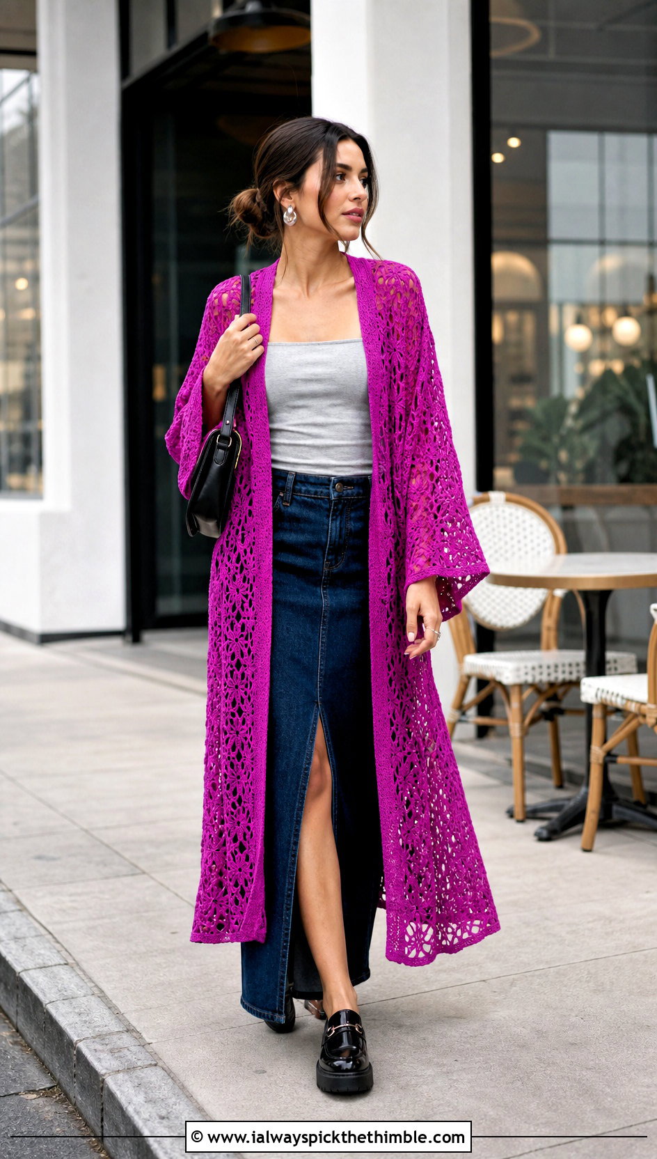 Crochet Robe Coat With Denim Maxi Skirt - 15 crochet coat size m outfit ideas