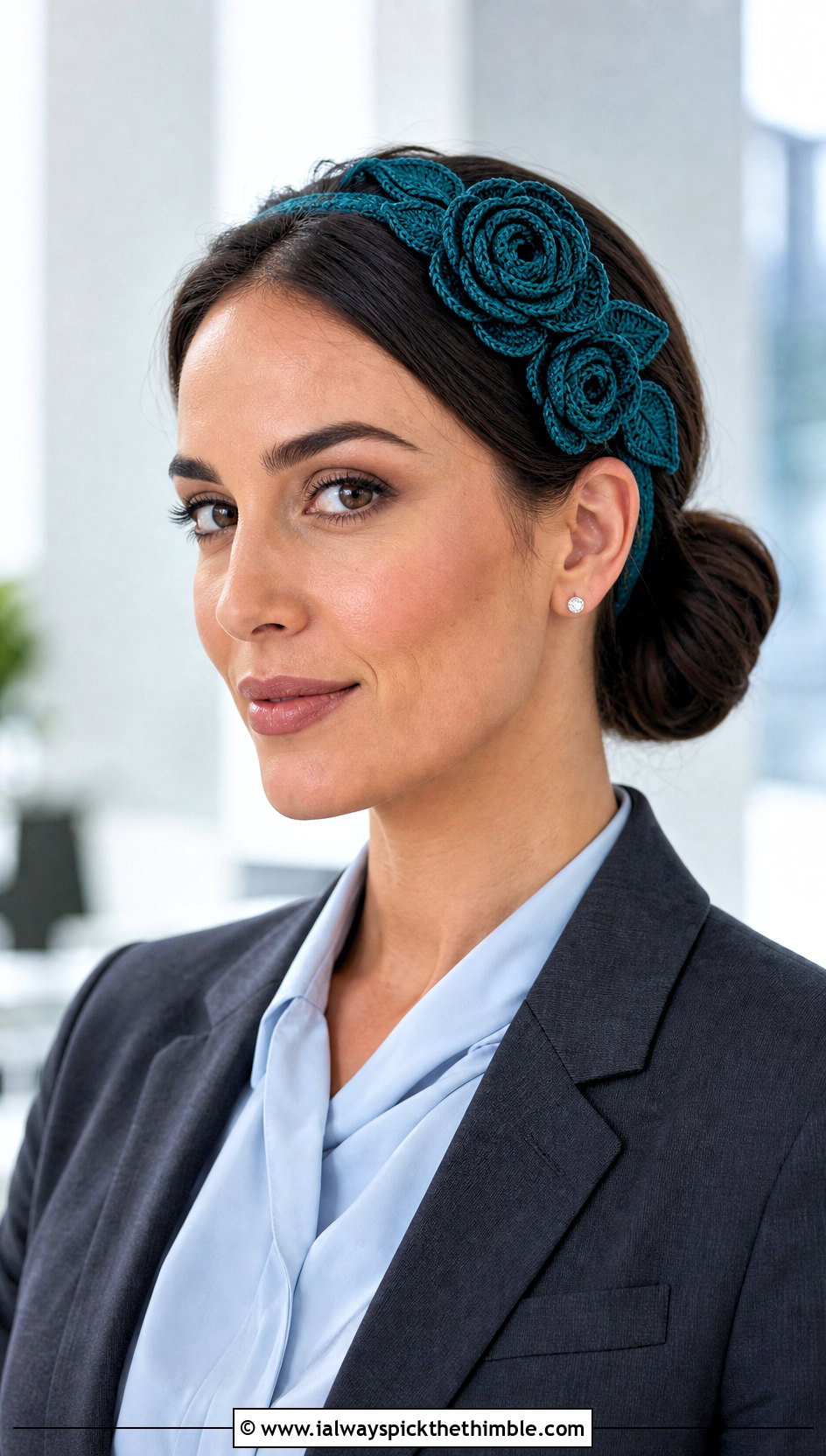 Crochet Rose Headband Set With Tailored Trousers - 15 crochet flower and headband set outfit ideas