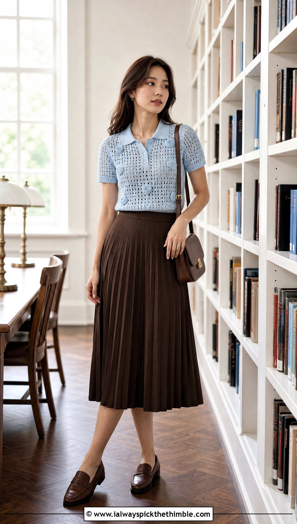 Crochet Rose Polo Top With Pleated Midi Skirt - 25 crochet rose top outfit ideas
