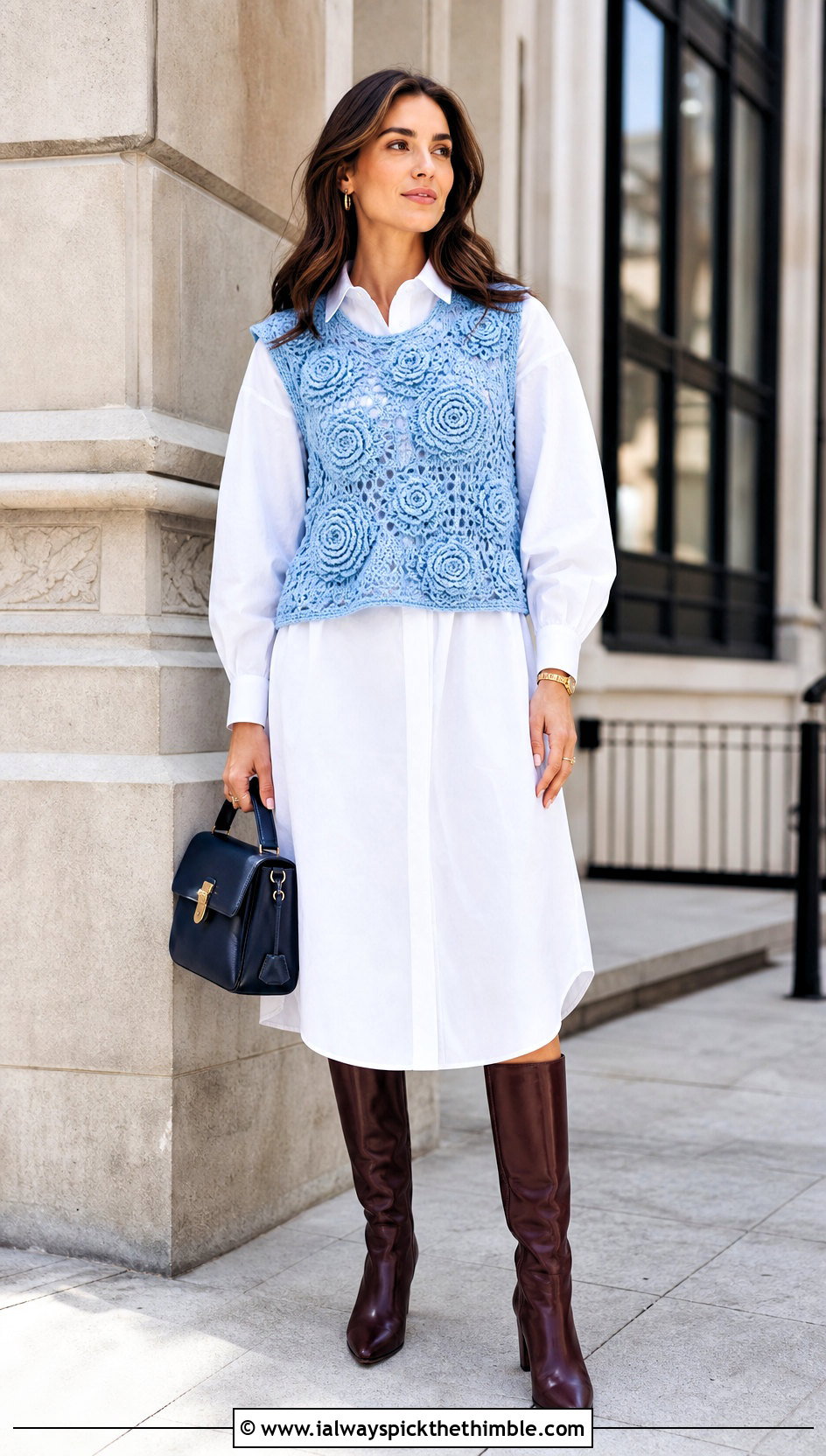Crochet Rose Sweater Vest With Poplin Shirt Dress - 25 crochet rose top outfit ideas