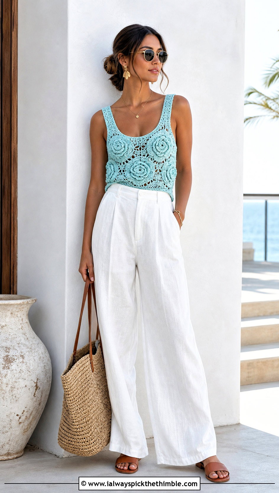 Crochet Rose Tank Top With Linen Trousers - 25 crochet rose top outfit ideas