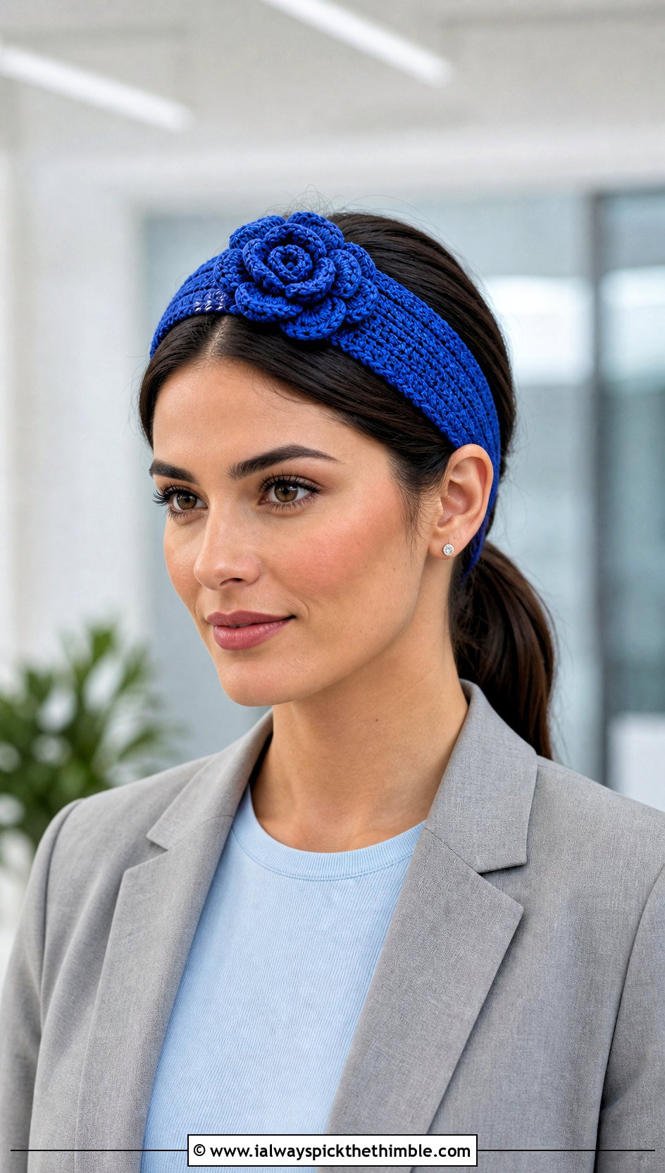Crochet Rose Wide Headband With Blazer And Trousers - 15 crochet flower headband and clip outfit ideas