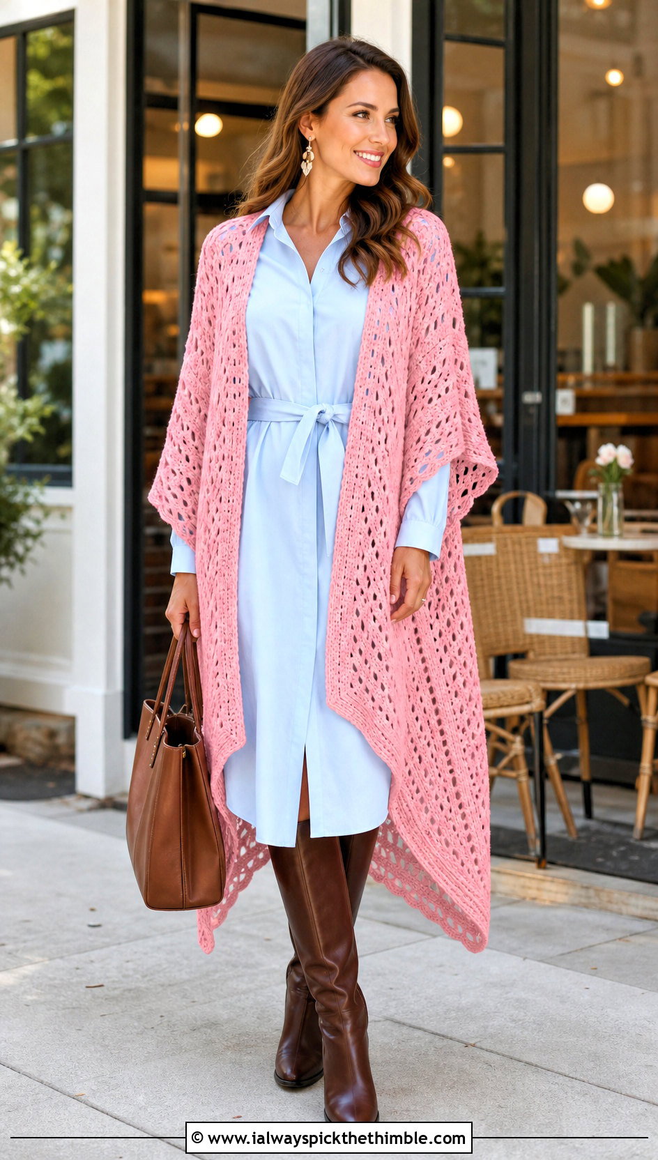 Crochet Ruana Poncho With Belted Shirt Dress - 20 Easy Crochet Poncho For Beginners outfit ideas