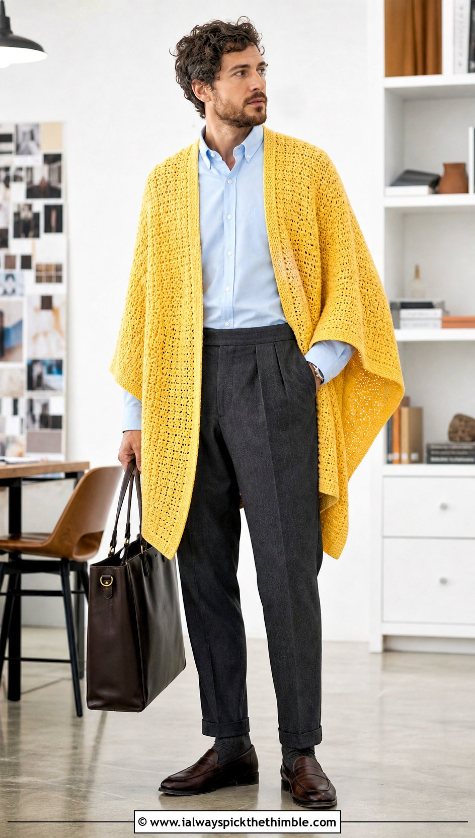 Crochet Ruana Poncho With Oxford Shirt And Trousers - 20 mens crochet poncho outfit ideas