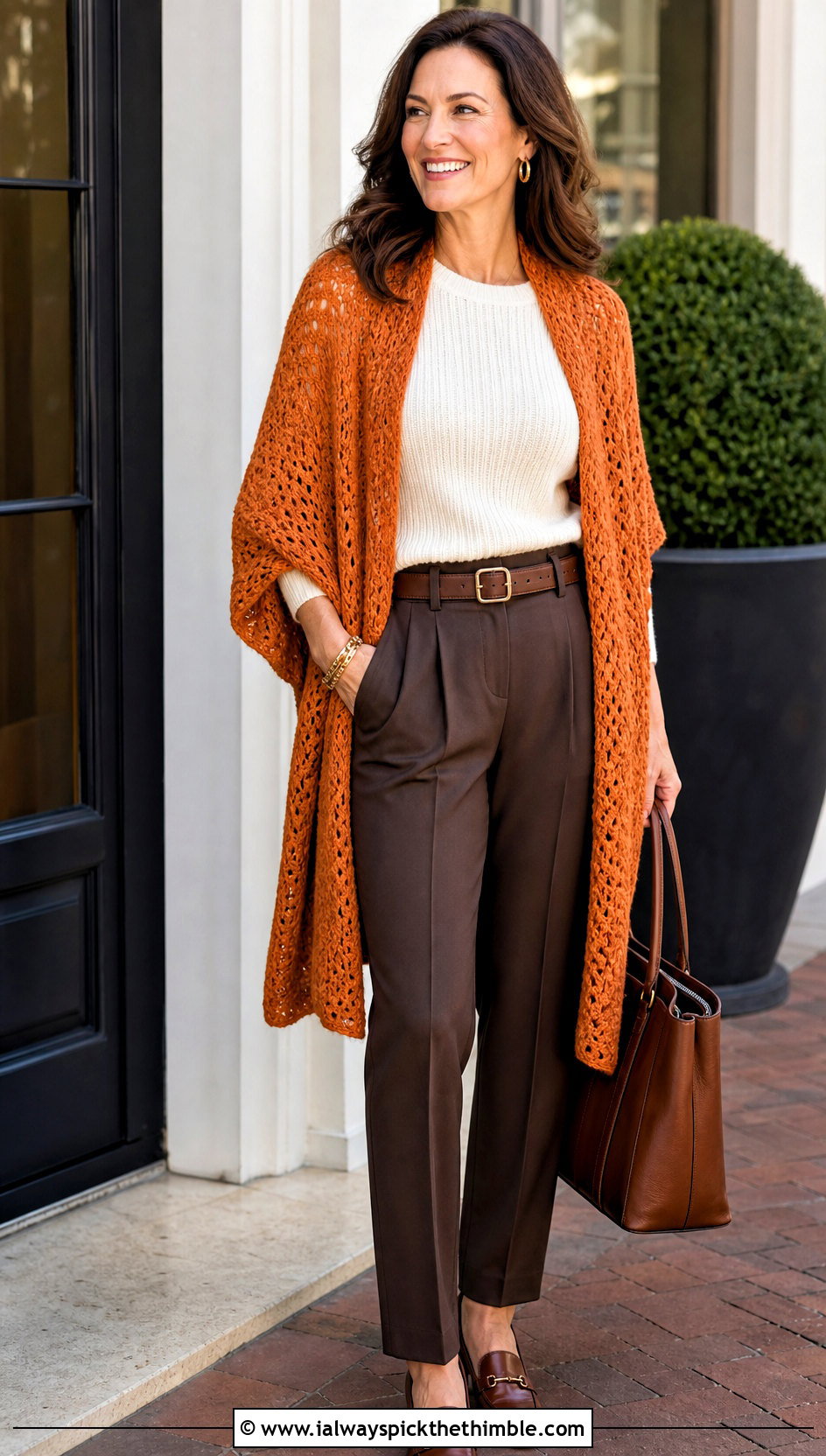 Crochet Ruana Shawl With Belted Trousers - 20 crochet for shawls outfit ideas