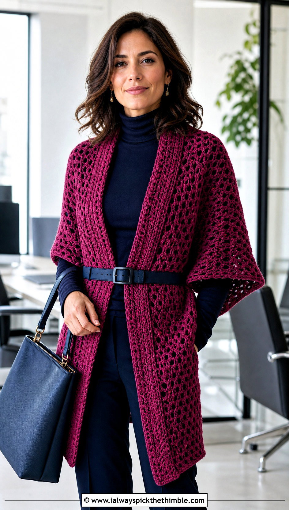 Crochet Ruana Shawl With Belted Workwear - 20 winter crochet shawl outfit ideas