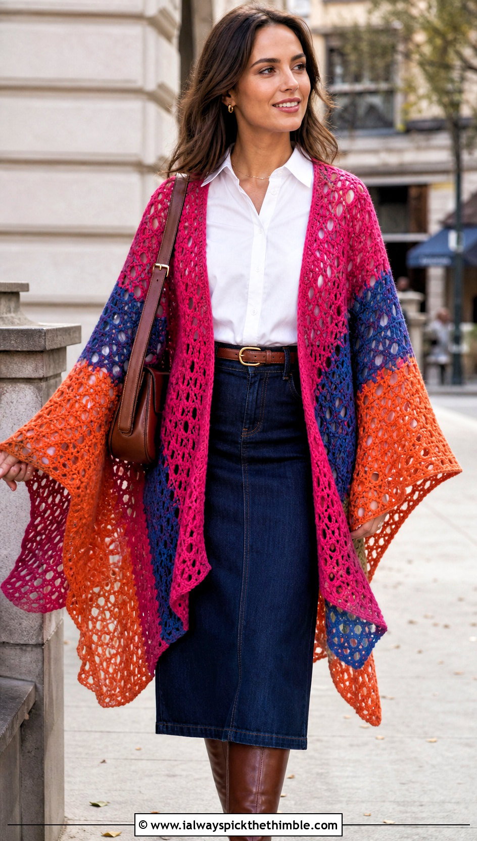 Crochet Ruana Shawl With Button Down Shirt And Denim Skirt - 25 crochet shawl outfit ideas