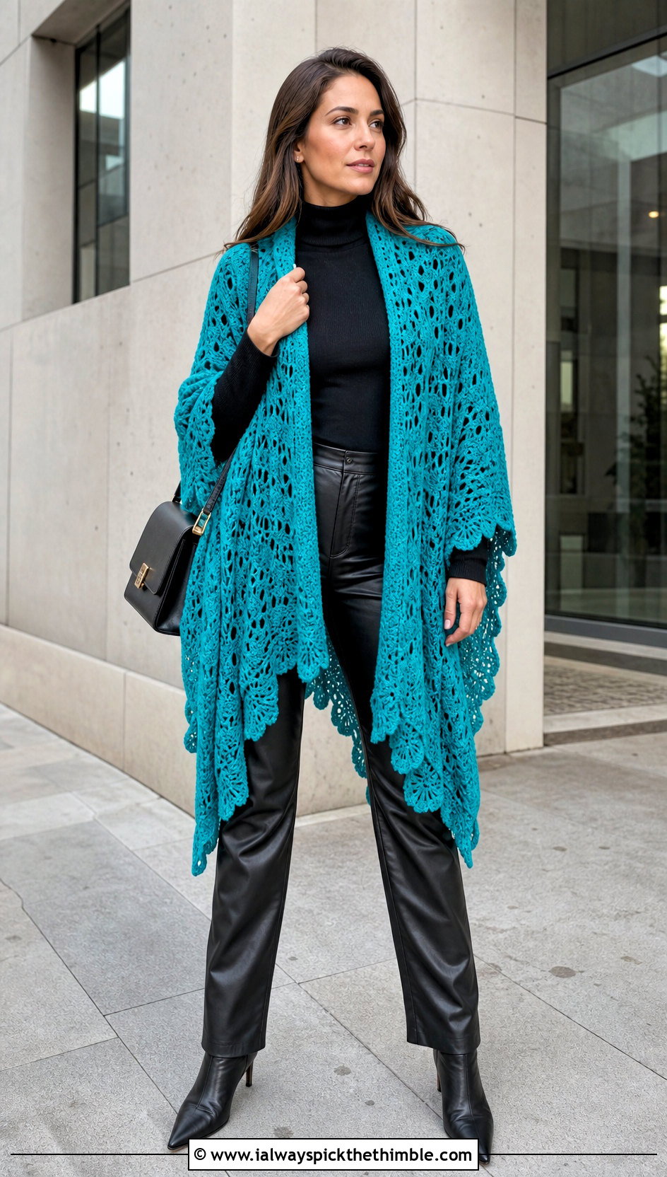 Crochet Ruana With Faux Leather Pants - 25 crochet shawls and wraps outfit ideas