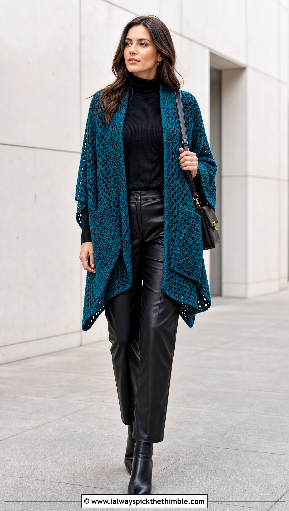 Crochet Ruana With Leather Pants - 15 Crochet Shawls And Wraps With Pockets outfit ideas