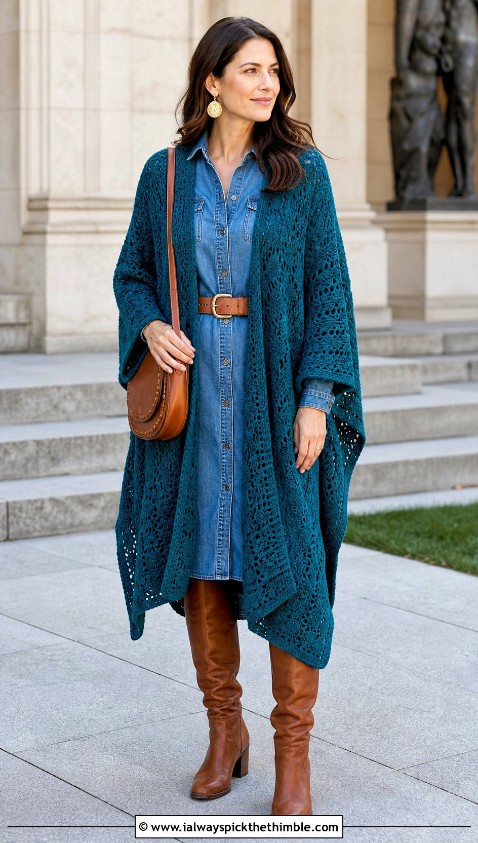 Crochet Ruana Wrap With A Denim Shirt Dress - 25 crochet wrap outfit ideas