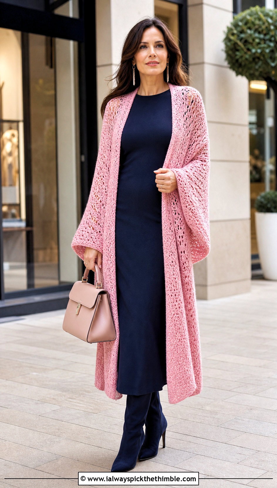 Crochet Ruana Wrap With Column Dress - 25 Crocheted Shawls And Wraps outfit ideas