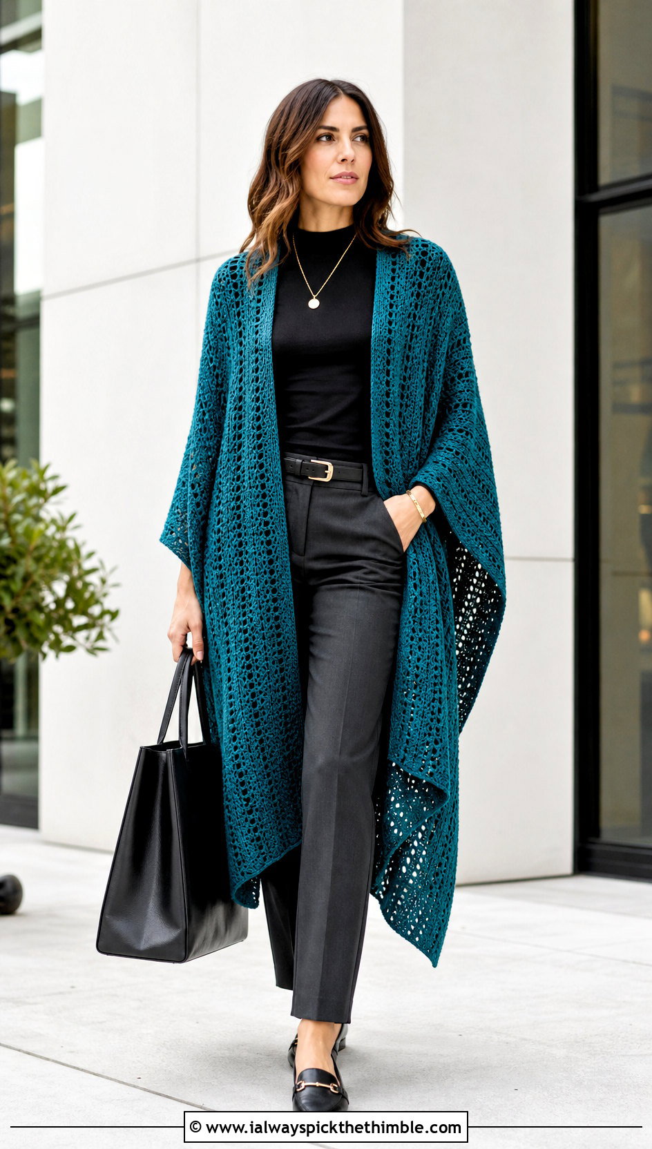 Crochet Ruana Wrap With Tailored Trousers - 15 Beginner Crochet Wrap outfit ideas