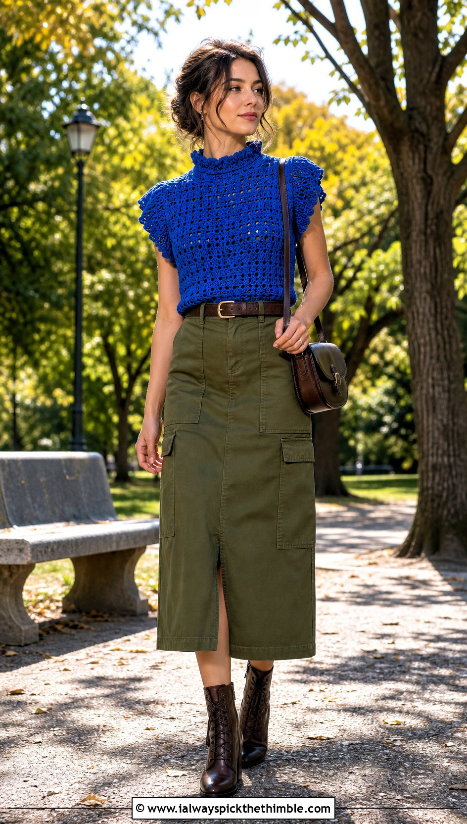 Crochet Ruffle Collar Top With Utility Skirt - 20 Crochet Top With Collar outfit ideas