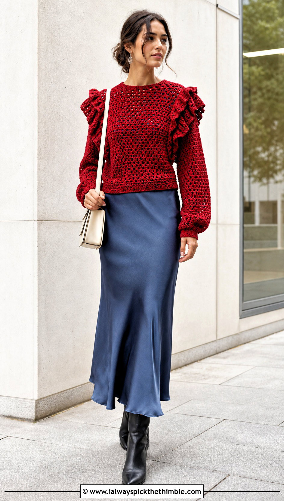Crochet Ruffle Sleeve Sweater Top With Slip Dress - 20 crochet ruffle sleeve top outfit ideas