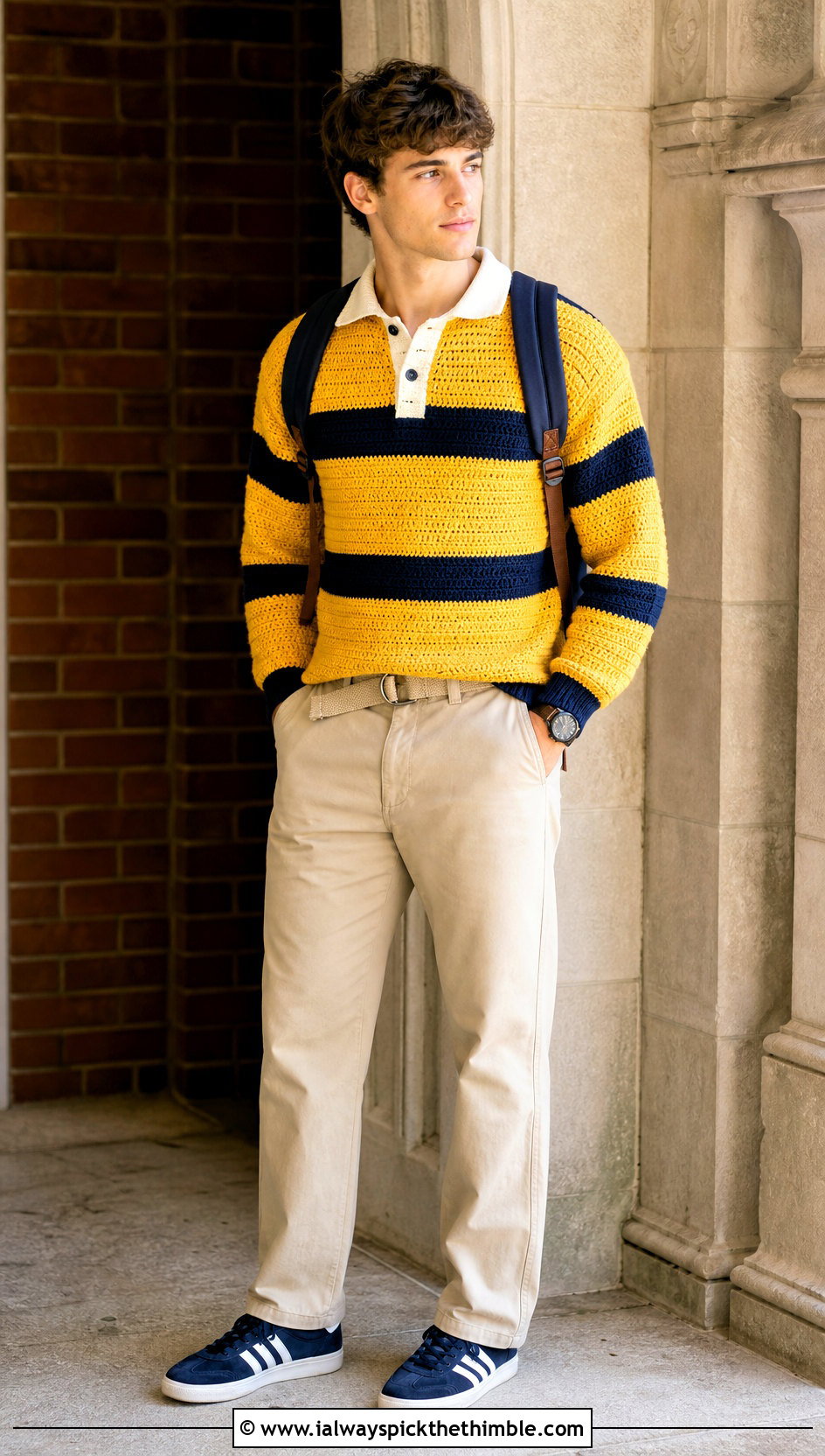 Crochet Rugby Jumper With Relaxed Khakis - 20 mens crochet jumper outfit ideas