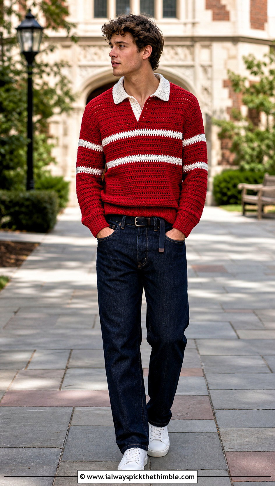 Crochet Rugby Shirt With Dark Denim - 20 Crochet Men Clothing and outfit ideas