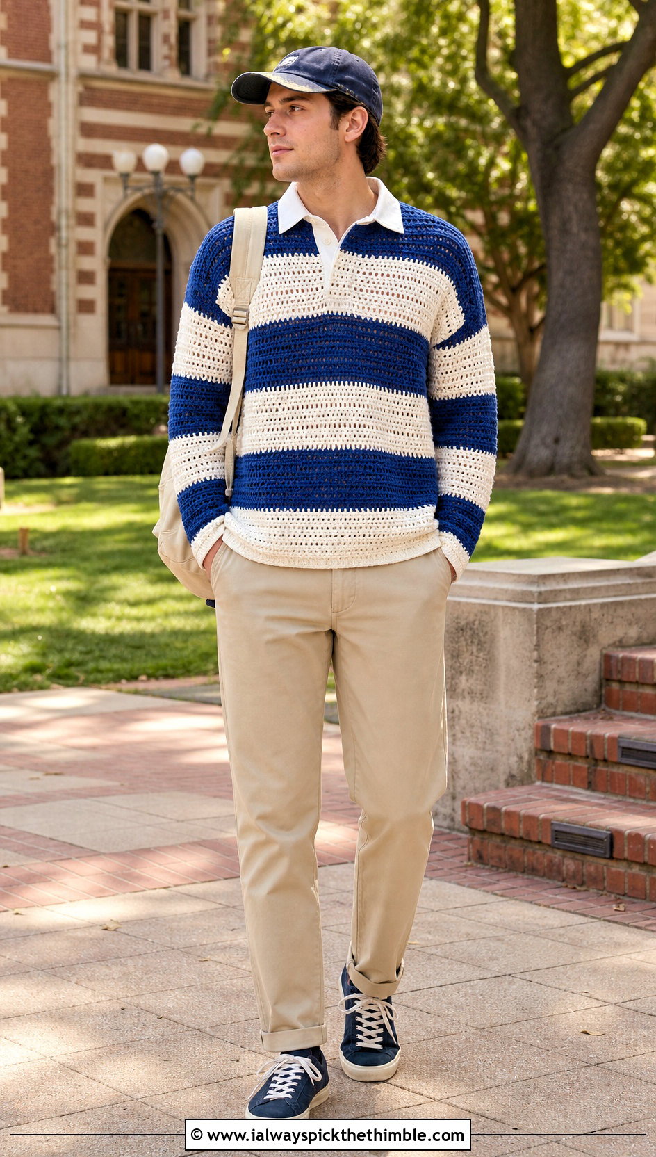 Crochet Rugby Shirt With Relaxed Chinos - 25 crochet clothes for men outfit ideas