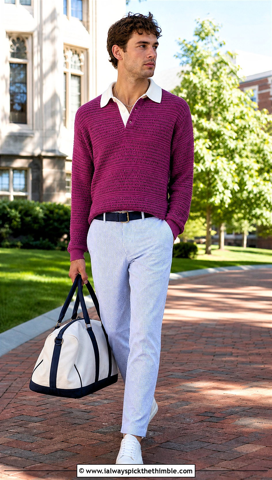 Crochet Rugby Shirt With Seersucker Trousers - 25 men's crochet shirt outfit ideas
