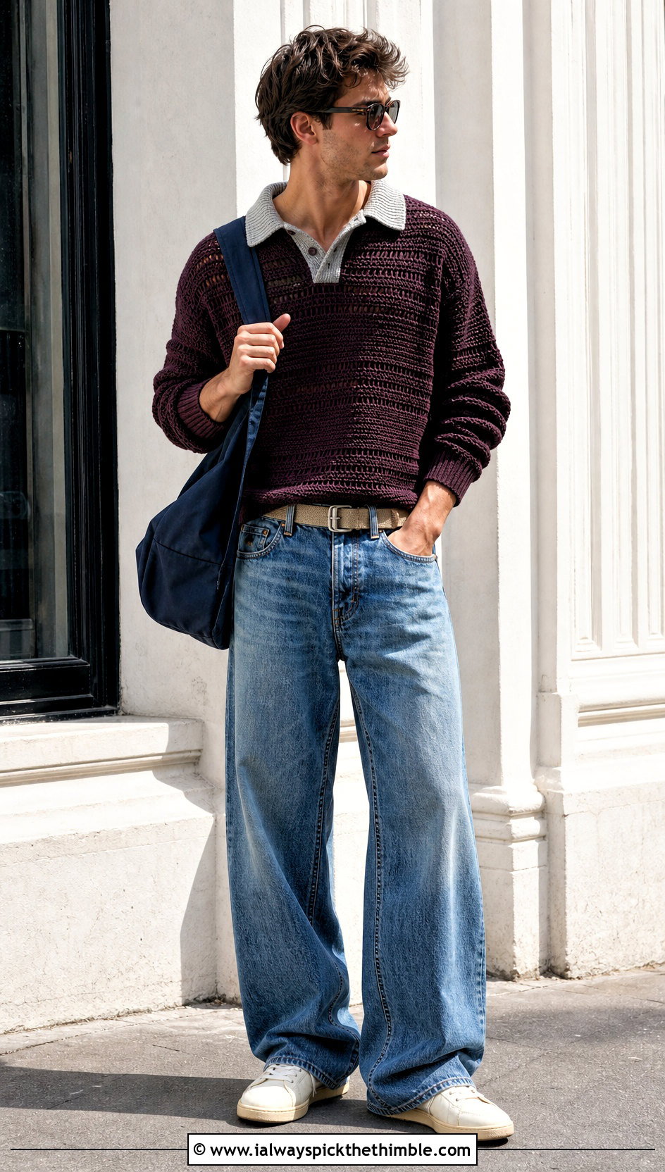 Crochet Rugby Shirt With Wide Leg Jeans - 15 men's crochet top outfit ideas