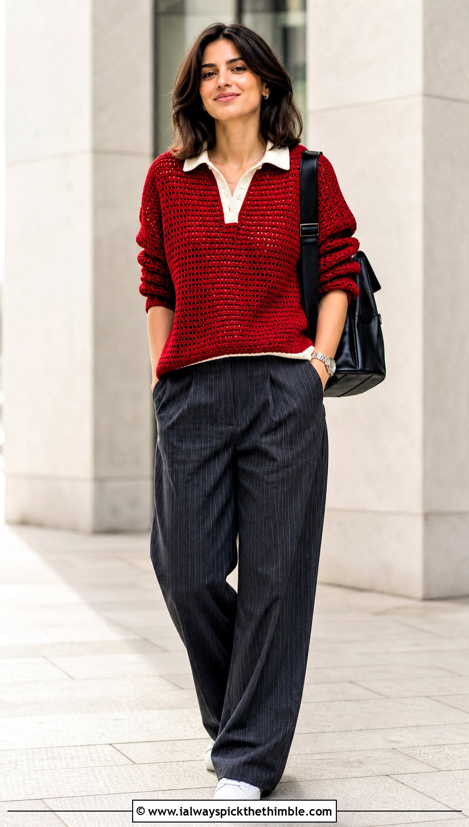 Crochet Rugby Shirt With Wide Leg Trousers - 20 crochet unisex shirt outfit ideas