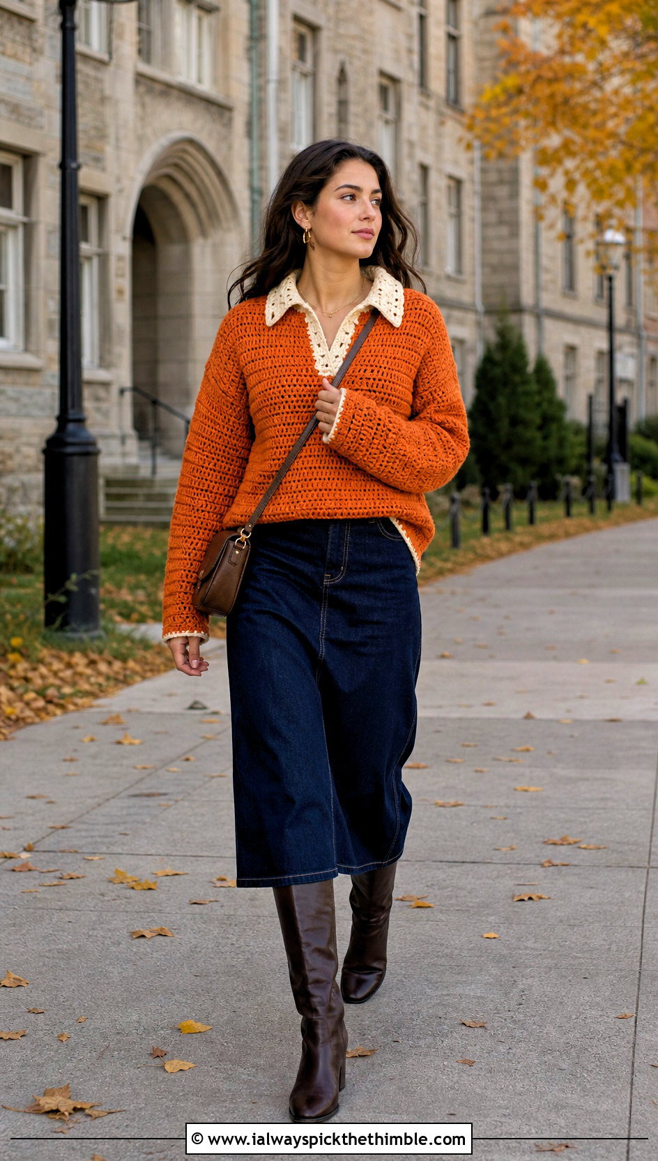Crochet Rugby Sweater With Denim Skirt - 20 crochet fall outfits ideas