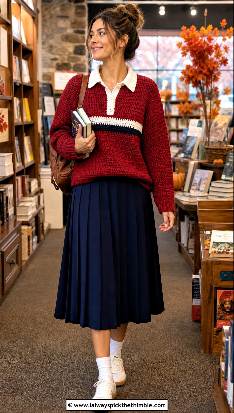 Crochet Rugby Sweater With Pleated Skirt And Sneakers - 20 Fall Crochet Outfit Ideas