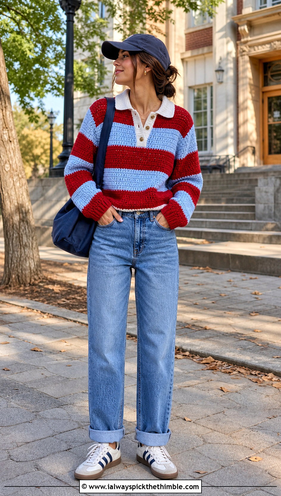Crochet Rugby Top With Cuffed Jeans - 25 crochet ladies tops outfit ideas