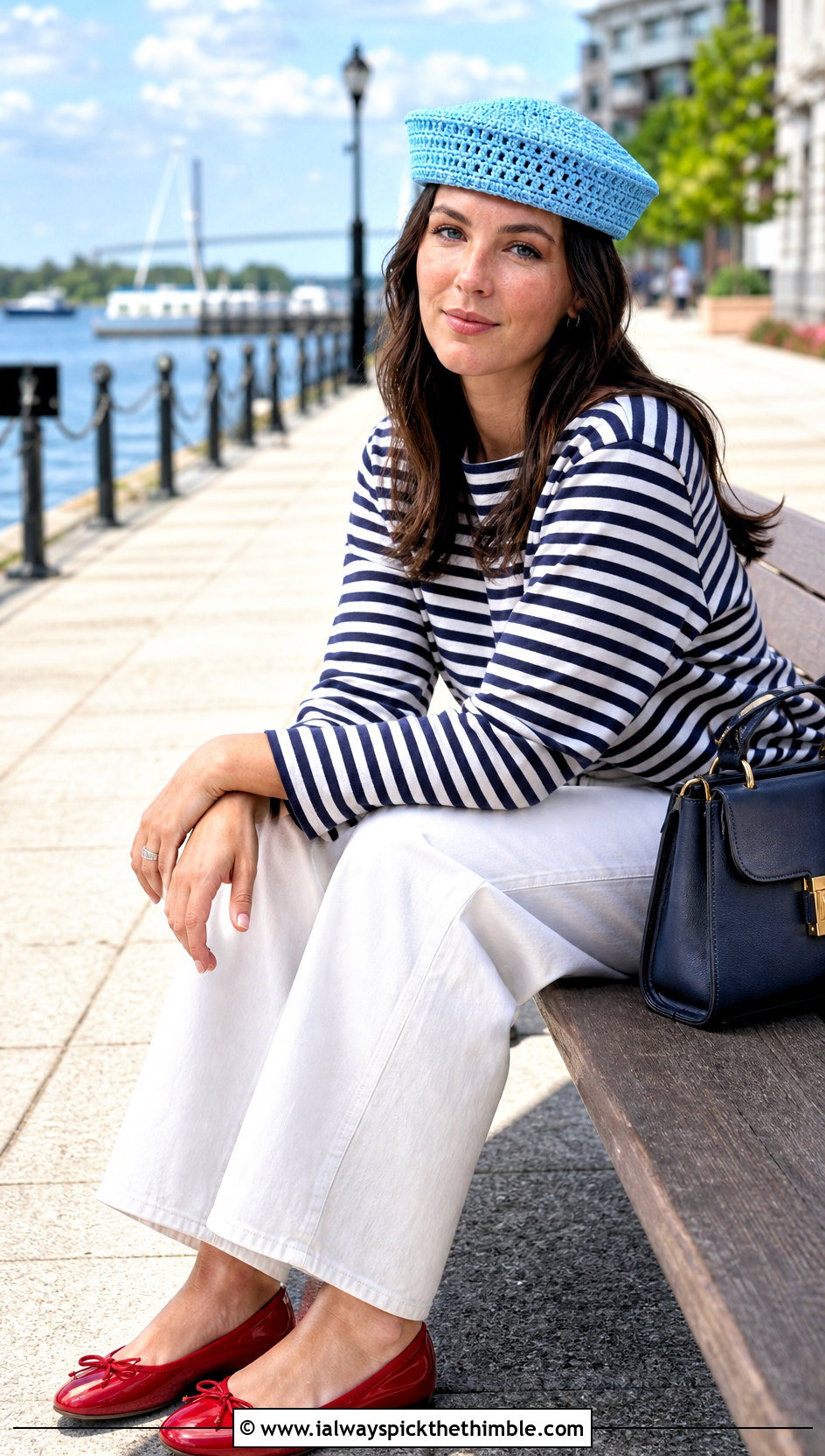 Crochet Sailor Cap With Striped Top And White Jeans - 20 flat crochet hat outfit ideas